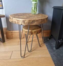 Round Chunky Rustic Nest Of Tables, Supported By Steel Hairpin Legs - Scandinavian Redwood Farmhouse Furniture Home Decor Industrial