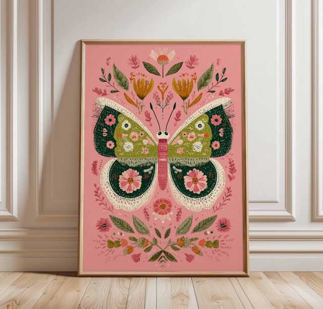 Vibrant Butterfly Art Print, Boho Botanical Poster, Cottagecore Wall Art, Pink & Green Gallery Wall, Modern Folk Nature Lover Gift - image 1