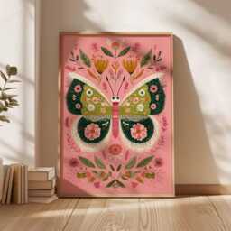 Vibrant Butterfly Art Print, Boho Botanical Poster, Cottagecore Wall Art, Pink & Green Gallery Wall, Modern Folk Nature Lover Gift - thumbnail 3