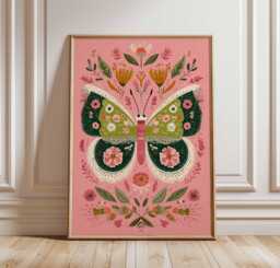 Vibrant Butterfly Art Print, Boho Botanical Poster, Cottagecore Wall Art, Pink & Green Gallery Wall, Modern Folk Nature Lover Gift - thumbnail 1