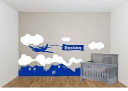 Kids Airplane with Custom Name Buldings Tree Vinyl Wall Art Decal Sticker Ws-0413