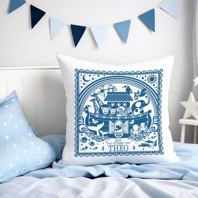 Personalised Christening Noah's Ark Nursery Cushion - New Baby, First Birthday, Baptism, Communion, Naming Ceremony Gift - image 1