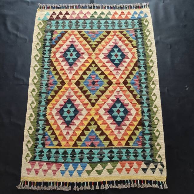 Kilim Rug Classic, Handmade Artisan Afghan Turkish Aztec Geometric Wool 144x104 cm - image 1