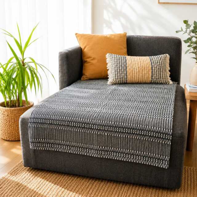 Recycled Cotton Throw Blanket - Durable Sofa Slip Cover Boho Bedspread Portuguese Black Woven Sustainable Home Decor Pet Friendly - image 1