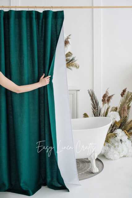 Linen Shower Curtain With Liner, Waterproof Bath Back Tabs, Luxury Curtain, Custom Clawfoot Bathroom Decor - image 1
