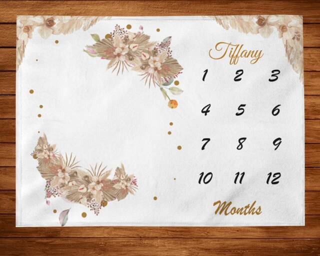 Boho Milestone Blanket, Month Blanket-Personalized Gender Neutral Blanket Pampas Leaves - Custom Baby Shower Gift -Boho Nursery Newborn - image 1