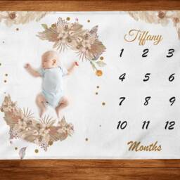 Boho Milestone Blanket, Month Blanket-Personalized Gender Neutral Blanket Pampas Leaves - Custom Baby Shower Gift -Boho Nursery Newborn - thumbnail 2