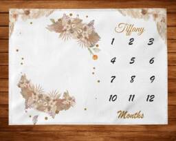 Boho Milestone Blanket, Month Blanket-Personalized Gender Neutral Blanket Pampas Leaves - Custom Baby Shower Gift -Boho Nursery Newborn - thumbnail 1