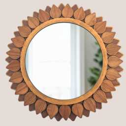 Round Mirror, Walnut & Birch Boho Mirror - Sunburst Leaf Wall Mirror Rustic Farmhouse Decor Entryway, Bathroom, Or Living Room - thumbnail 3