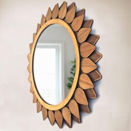 Round Mirror, Walnut & Birch Boho Mirror - Sunburst Leaf Wall Mirror Rustic Farmhouse Decor Entryway, Bathroom, Or Living Room - thumbnail 4