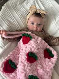 strawberry Baby Comforter, Pink Chenille Lovey, Handmade Newborn Gift, Dummy Loop Shower Gift