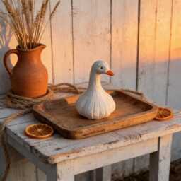 Whimsical Hand-Carved Wooden Goose Figurine, Rustic White Bird Sculpture, Farmhouse Kitchen Decor, Quirky Garlic Art - thumbnail 1