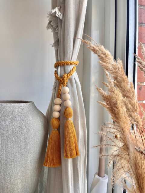 Macram?? Mustard Curtain Tie Back With Tassel - Wooden Bead Braided Holdback Bohemian Style Window Treatment Country Home Accessories - image 1