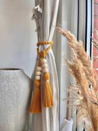 Macram?? Mustard Curtain Tie Back With Tassel - Wooden Bead Braided Holdback Bohemian Style Window Treatment Country Home Accessories - thumbnail 1