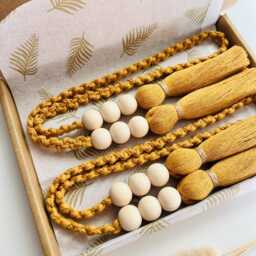 Macram?? Mustard Curtain Tie Back With Tassel - Wooden Bead Braided Holdback Bohemian Style Window Treatment Country Home Accessories - thumbnail 3