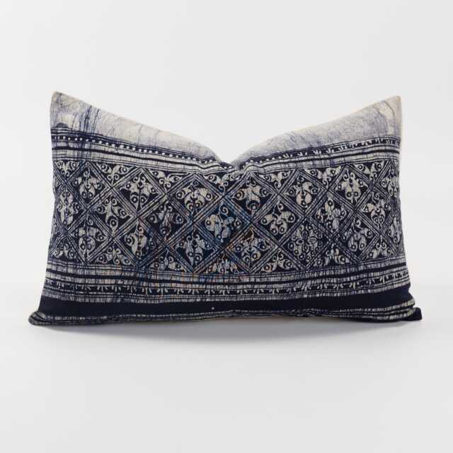 Vintage Hmong Indigo Lumbar Pillow Cover - Hill Tribe Batik, 12x20 - image 1
