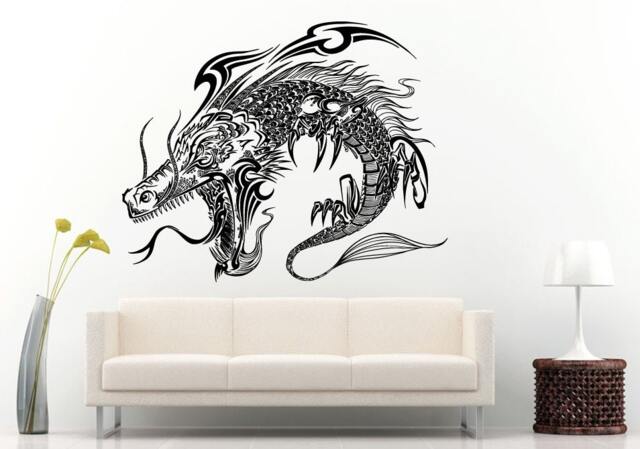 Fire Dragon Tribal Long Tail Angry Open Mouth Wings Doodle Wall Decal Vinyl Sticker Mural Room Decor L769 - image 1