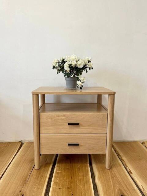 White Oak Bedside Table With Drawers & Shelf, Solid Wood Nightstand For Bedroom Or Living Room, Modern Side - image 1
