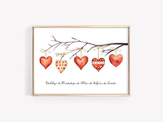 Personalised Valentines Day Print. Our Family Rustic Hearts Wall Art, Red & Pink Watercolor Hearts. Valentine's Printable Poster. Gift Her - image 1