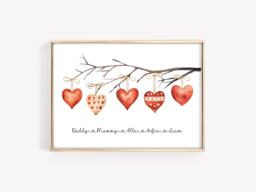 Personalised Valentines Day Print. Our Family Rustic Hearts Wall Art, Red & Pink Watercolor Hearts. Valentine's Printable Poster. Gift Her - thumbnail 1