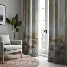 Abstract Mustard & Grey Curtain, Fluid Design Drape, Modern Metallic Pattern Window Treatment, Minimalist Decor - thumbnail 2