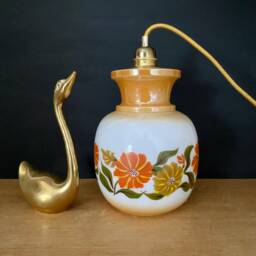 Vintage Globe Lamp in White & Pearly Opaline With Flower Designs - thumbnail 1