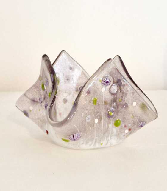 Fused Glass Tealight Holder Purple Meadow Flower Details - image 1