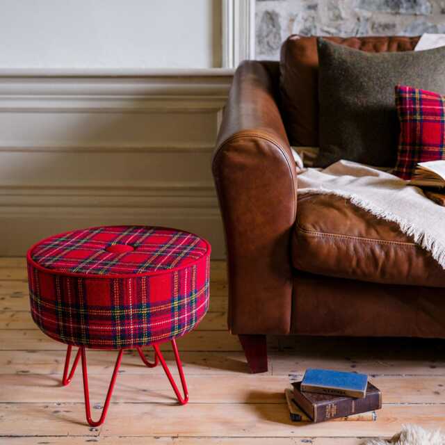 Harris Tweed Royal Stewart Tartan Footstool With Button & Steel Hairpin Legs - image 1