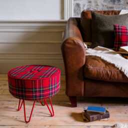 Harris Tweed Royal Stewart Tartan Footstool With Button & Steel Hairpin Legs