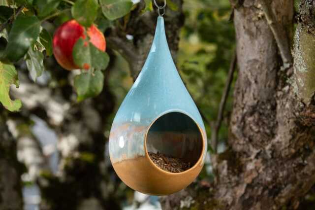 Blue Quartz - Handmade Ceramic Stoneware Hanging Teardrop Bird Feeder - Frost Resistant - image 1