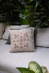 16x16 Floral Decorative Throw Pillow - Linen Handwoven Coastal Pillowcase Set Hand Manual Silk Screen Printed Sage Ochre Brick Red Blue - thumbnail 1