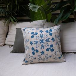 16x16 Floral Decorative Throw Pillow - Linen Handwoven Coastal Pillowcase Set Hand Manual Silk Screen Printed Sage Ochre Brick Red Blue - thumbnail 2