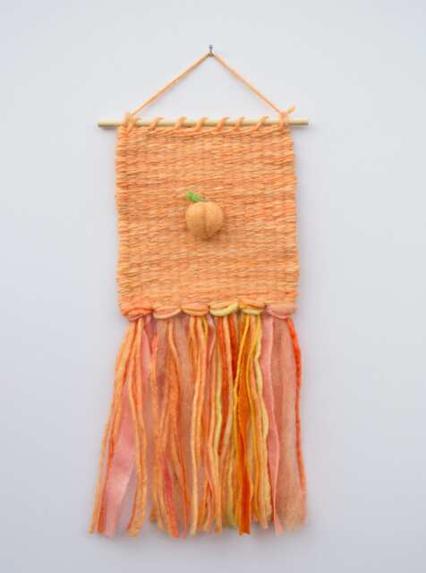 Mini Peach Woven Wall Hanging, Weaving, Tapestry, Orange, Fruit, Needle Felting, Small, Nursery Decor, Boho, Modern, Wool, Textile, Fiber - image 1