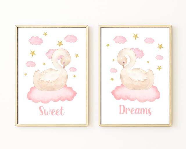 Swan Nursery Decor, Sweet Dreams Prints, Girls Bedroom, Watercolour Prints Pink Set Of 2 - image 1