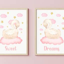 Swan Nursery Decor, Sweet Dreams Prints, Girls Bedroom, Watercolour Prints Pink Set Of 2 - thumbnail 2