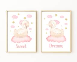 Swan Nursery Decor, Sweet Dreams Prints, Girls Bedroom, Watercolour Prints Pink Set Of 2 - thumbnail 1