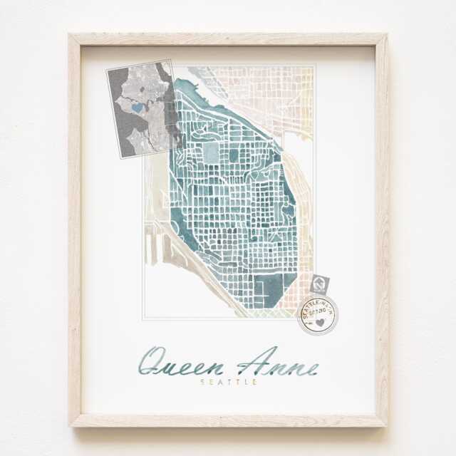 Queen Anne Seattle Neighborhood Map Watercolor Print Washington City Block Plan - Art Print Downtown Wall Local Realtor Gift - image 1