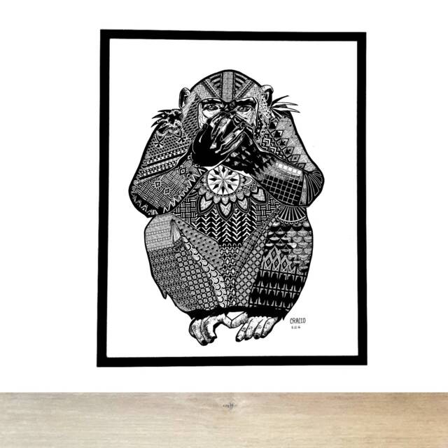 Iwazaru, Le Singe Mute/The Monkey - Art Print Of A Cracco Original, Animal Motifs, Patterns - Doodle Painting - image 1