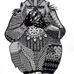 Iwazaru, Le Singe Mute/The Monkey - Art Print Of A Cracco Original, Animal Motifs, Patterns - Doodle Painting - thumbnail 2