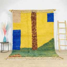 Handwoven Moroccan Yellow & Green Berber Rug, Wool Shag Abstract Geometric Shapes, Authentic Beni Ourain Carpet, Large Area Rug