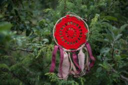Crochet Dreamcatcher in Red Colour, Linen & Burlap Ribbons, Framed Dreamcatcher, Wall Decoration, Boho Decor - thumbnail 1