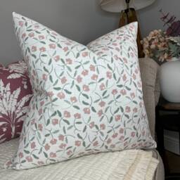 Dainty Floral Design Pillow Cover - Pink Green White , Decorative Cushion Cover, John Lewis Fabric, Scallop - thumbnail 1