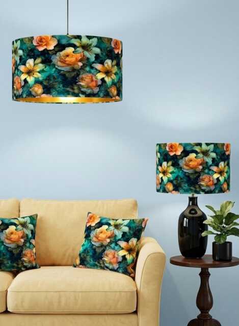 Handmade By Order Luxury Petrol Paint Art Teal Floral Roses Print On Velvet Drum Lamp Shade Pendant Light All Shapes & Sizes Av - image 1