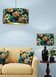 Handmade By Order Luxury Petrol Paint Art Teal Floral Roses Print On Velvet Drum Lamp Shade Pendant Light All Shapes & Sizes Av - thumbnail 1