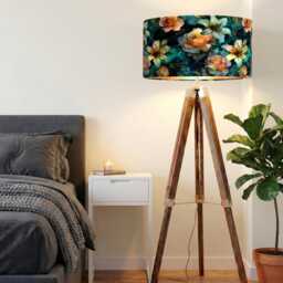 Handmade By Order Luxury Petrol Paint Art Teal Floral Roses Print On Velvet Drum Lamp Shade Pendant Light All Shapes & Sizes Av - thumbnail 2