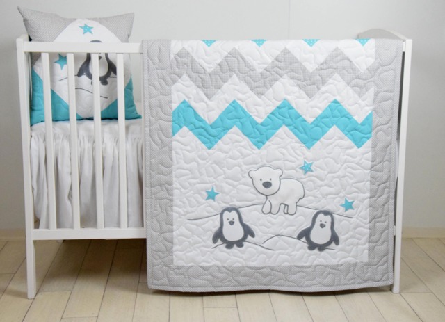 Penguin Baby Quilt, Chevron Gray Aqua Toddler Blanket, Handmade Crib Bedding For Boy Or Girl - image 1