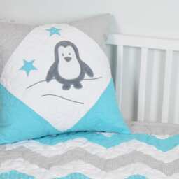 Penguin Baby Quilt, Chevron Gray Aqua Toddler Blanket, Handmade Crib Bedding For Boy Or Girl - thumbnail 3