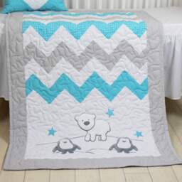Penguin Baby Quilt, Chevron Gray Aqua Toddler Blanket, Handmade Crib Bedding For Boy Or Girl - thumbnail 2