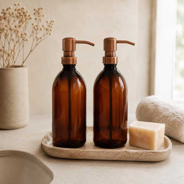 Refillable Brown 500Ml Plastic Bottles Soap Dispenser - Lightweight, Copper Style Pump, On Trend Bathroom Or Kitchen Accessory, Sold Empty - image 1