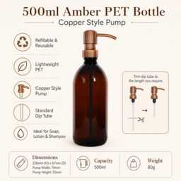Refillable Brown 500Ml Plastic Bottles Soap Dispenser - Lightweight, Copper Style Pump, On Trend Bathroom Or Kitchen Accessory, Sold Empty - thumbnail 2